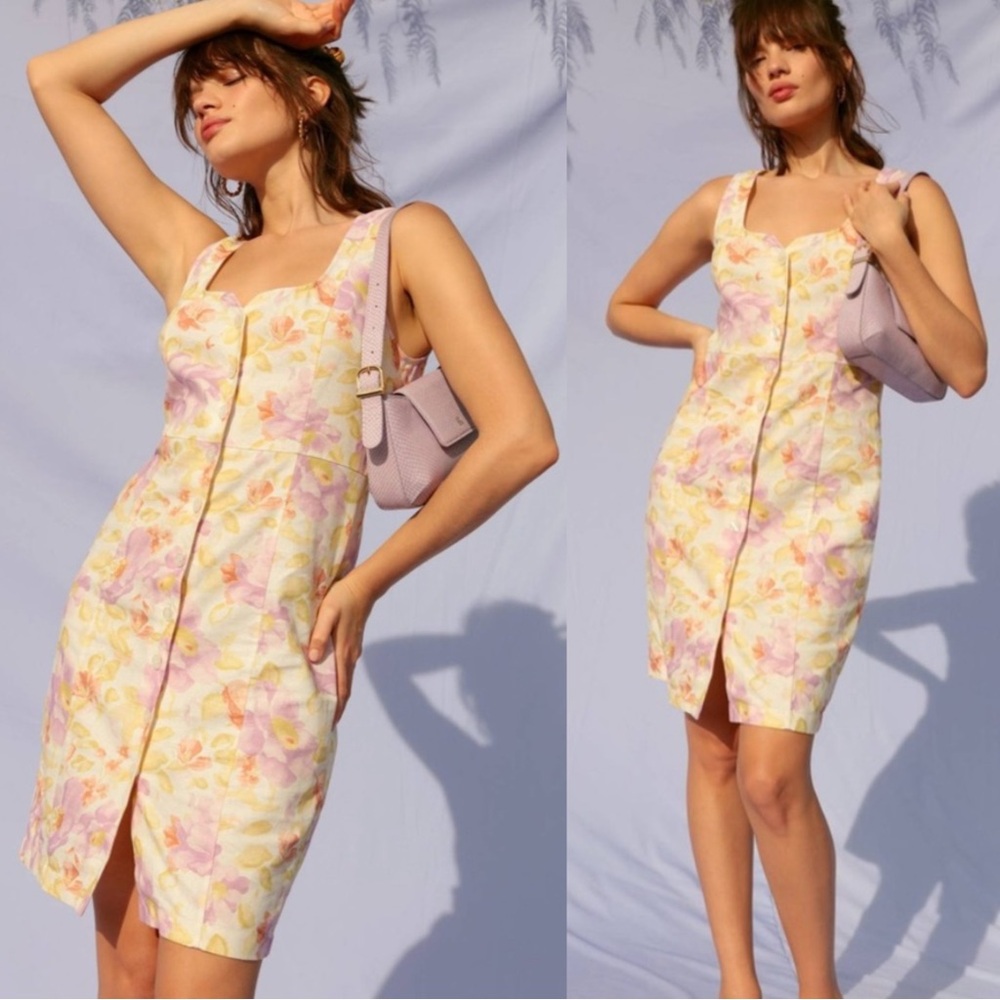 ROUJE Pastel Yellow Purple Floral Printed Sleeveless Linen Button Down Dress 36